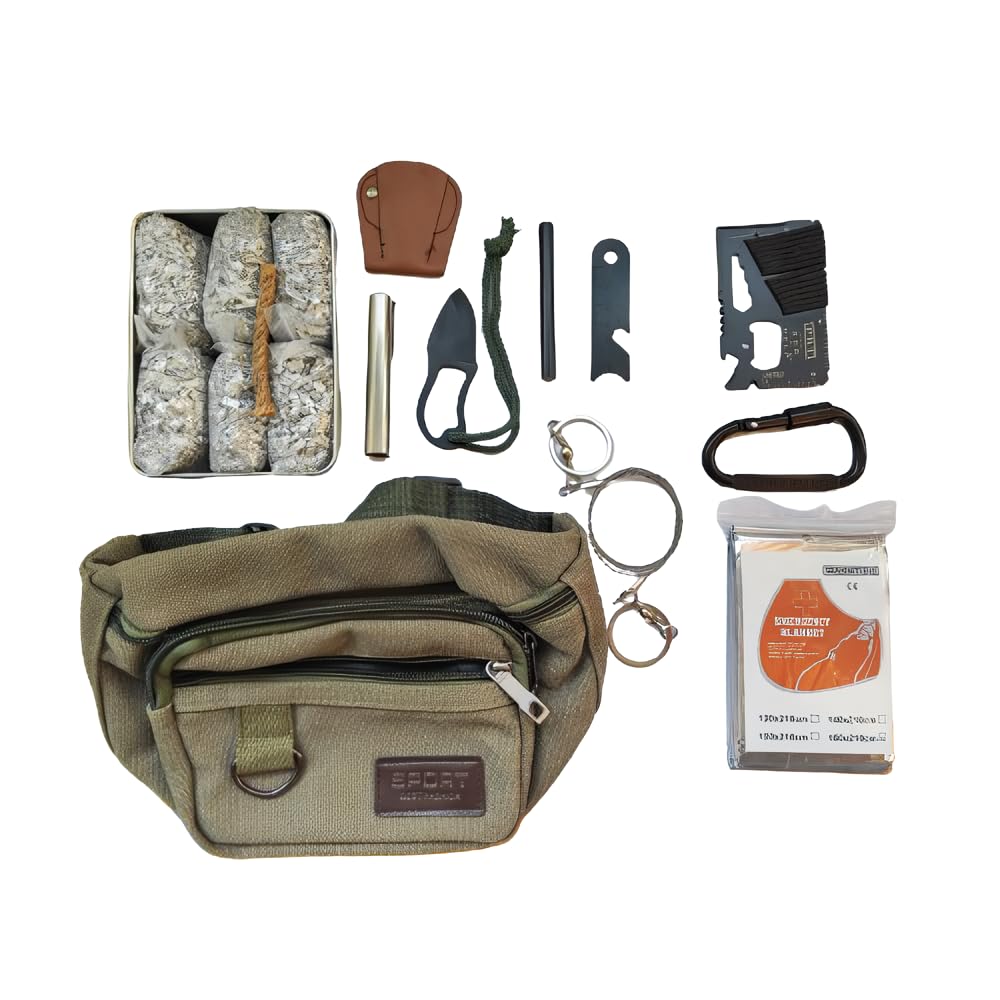Fire Starter 6 Bag Magnesium Survival Gear First Aid Kit and Emergency Blanket Multi Purpose Tool Saw Ferro Rod Strike Wax Rope for Camping Hiking Hunting Earthquake Outdoor Adventure Gifts